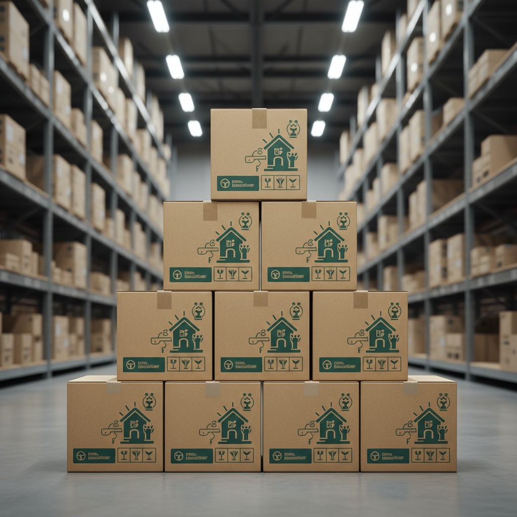 A warehouse scene with shelving units containing stacked medium to large brown boxes. They each appear to have a green des...