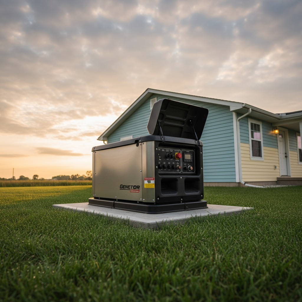 A backup generator set in front of a house at sunset.